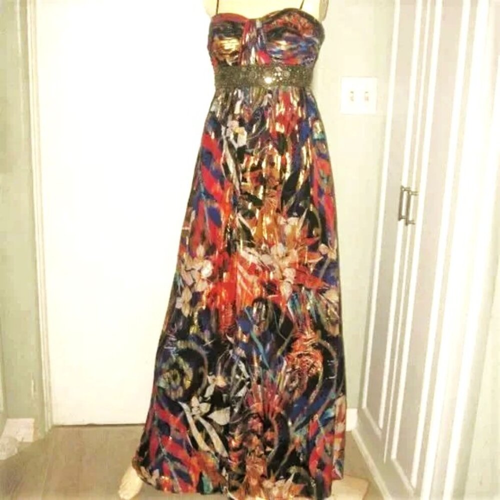 ❤️RUNWAY! OC OLEG CASSINI Boho Metallic/Beaded Full Length EVENING GOWN DRESS 2